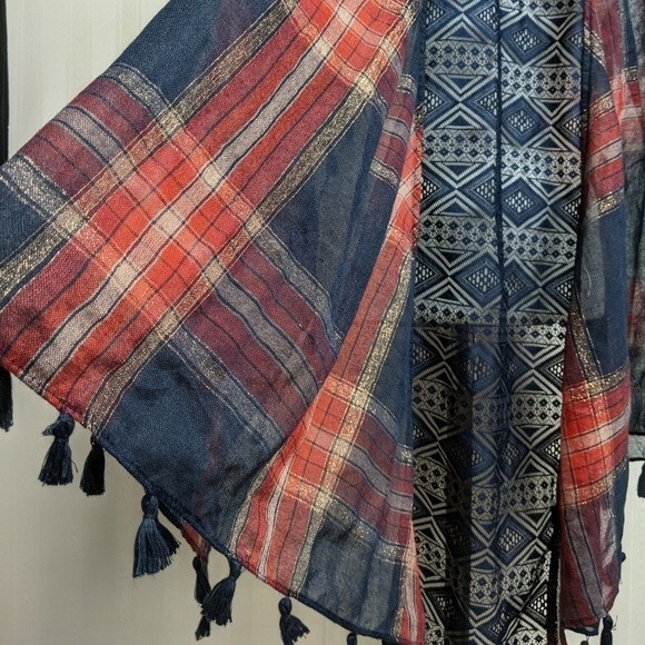 Scarf / Shawl / Wrap Boho Lace Fringe Neckwear Plaid Red & Blue - Picture 4 of 8